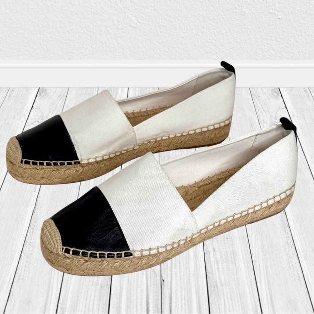 J. CREW White Black Leather Espadrilles Cap Toe Canvas Shoes Flats Resort 10.5